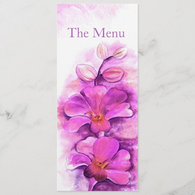 Radiant orchid stylised art wedding dinner menu (Front)