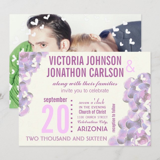 Radiant Orchid Succulent Modern Typography Wedding Invitation (Front/Back)