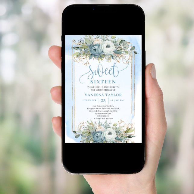 Radiant Pastel Blue White Peonies Sweet 16 Invite (Front Digital)