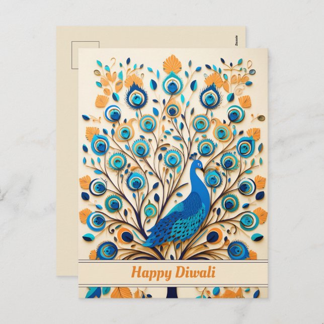 🦚 Radiant Peacock Diwali Blessings Holiday Postcard (Front/Back)