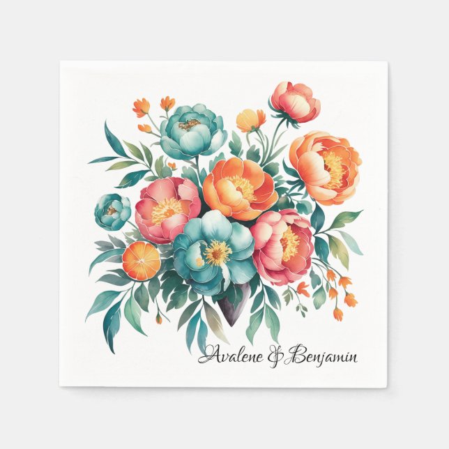 Radiant Peony Bouquet Wedding Napkins (Front)