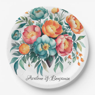 Radiant Peony Bouquet Wedding Paper Plates