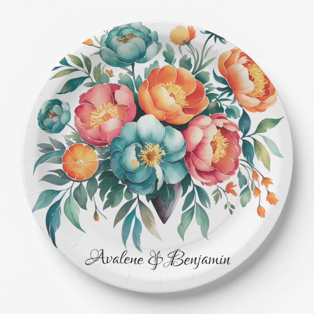 Radiant Peony Bouquet Wedding Paper Plates (Front)