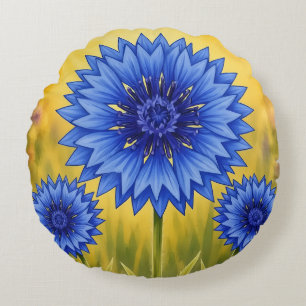 Radiant Petal: Cornflower Blue Round Pillow