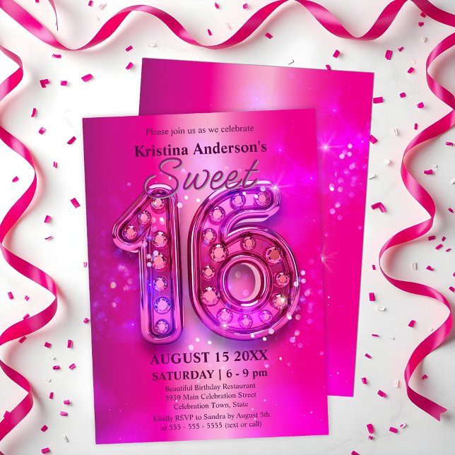 Radiant Pink Chic Sweet 16 with Glittering Jewels Invitation (Creator Uploaded)