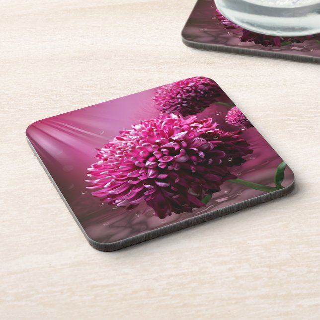 Radiant Pink Chrysanthemum Floral Beverage Coaster (Left Side)