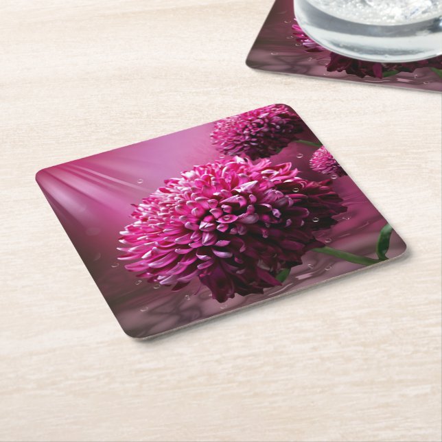 Radiant Pink Chrysanthemum Floral Square Paper Coaster (Angled)