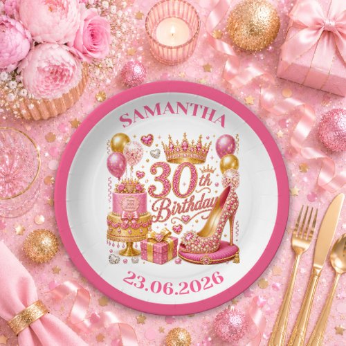Radiant Pink Gold Confetti 30th Birthday Paper Pla Plates