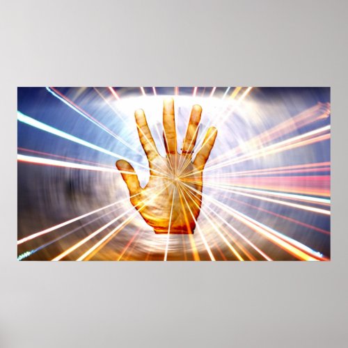 Radiant powerful energy healing hand colorful back poster