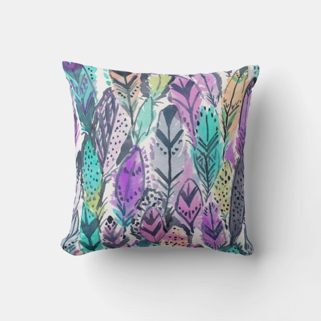 Radiant Purple Boho Feathers Throw Pillow (Front)