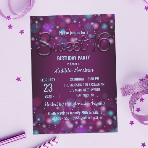 Radiant Purple Elegant Lights Sweet 16 Birthday Invitation