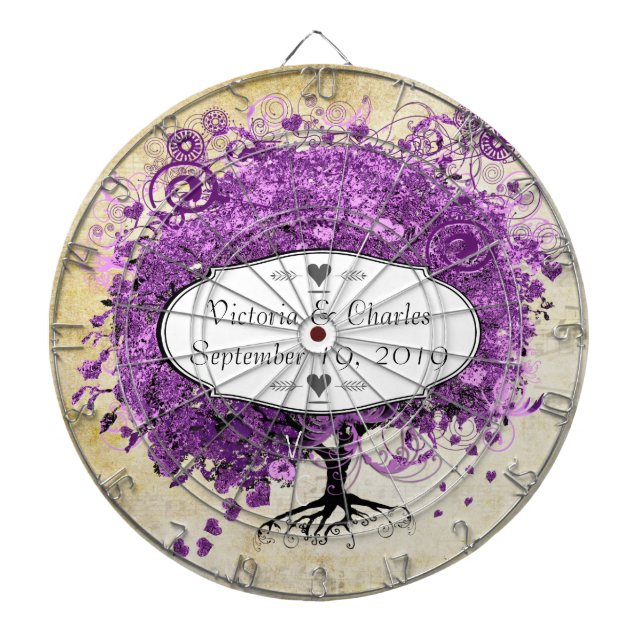 Radiant Purple Heart Leaf Tree Wedding Dartboard With Darts (Front)