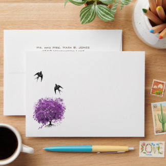 Radiant Purple Heart Leaf Tree Wedding Envelope