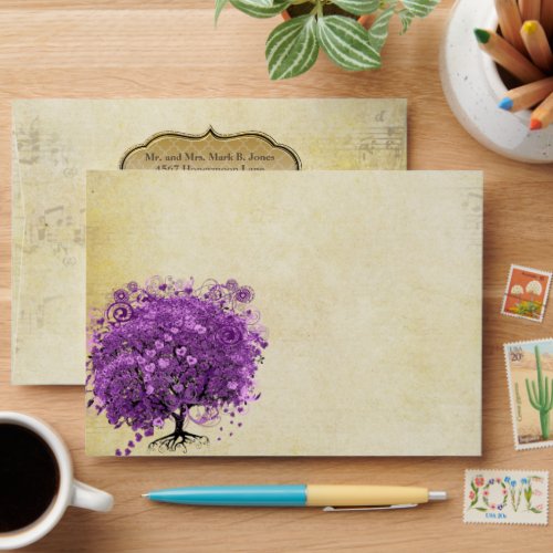 Radiant Purple Heart Leaf Tree Wedding Envelope