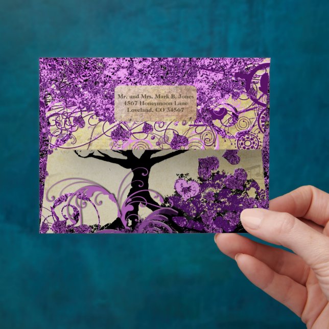 Radiant Purple Heart Leaf Tree Wedding Envelope (Hand)