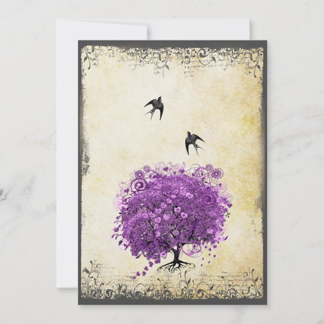 Radiant Purple Heart Leaf Tree Wedding Invitation (Front)