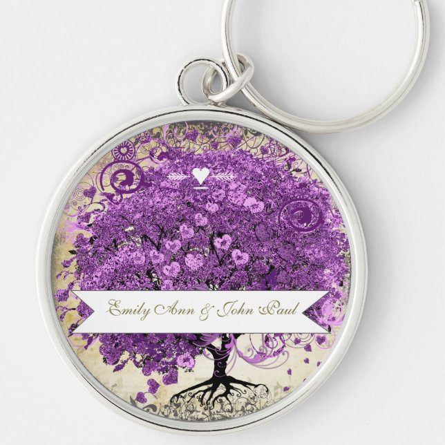 Radiant Purple Heart Leaf Tree Wedding Keychain (Front)