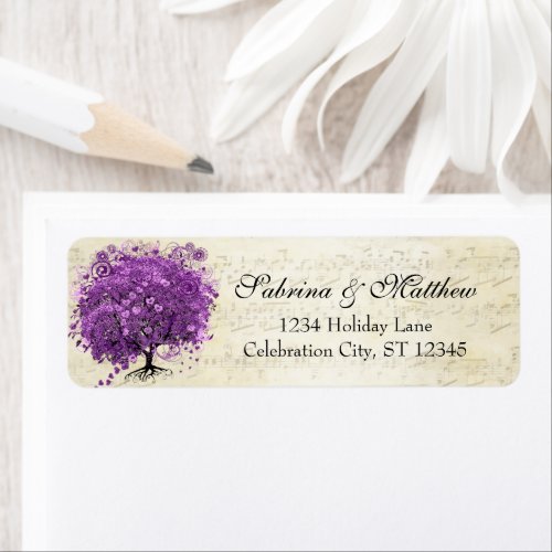 Radiant Purple Heart Leaf Tree Wedding Label