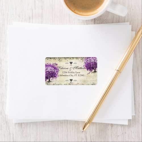 Radiant Purple Heart Leaf Tree Wedding Label