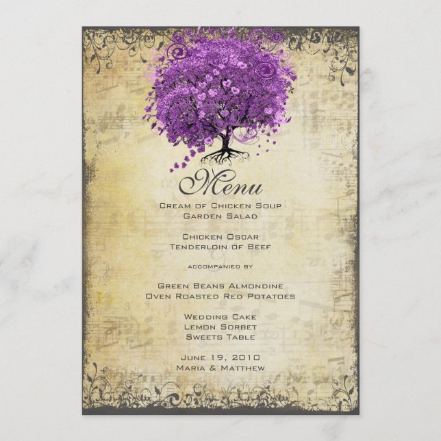 Radiant Purple Heart Leaf Tree Wedding Menu (Front)