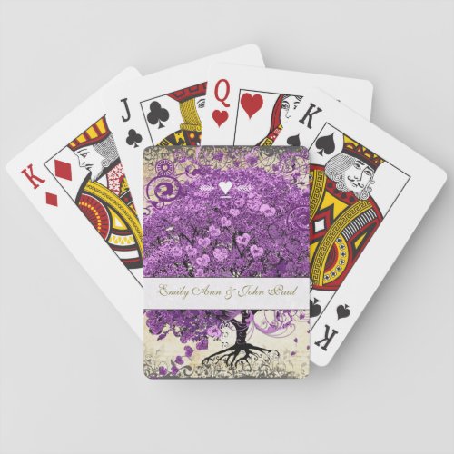 Radiant Purple Heart Leaf Tree Wedding Playing Cards