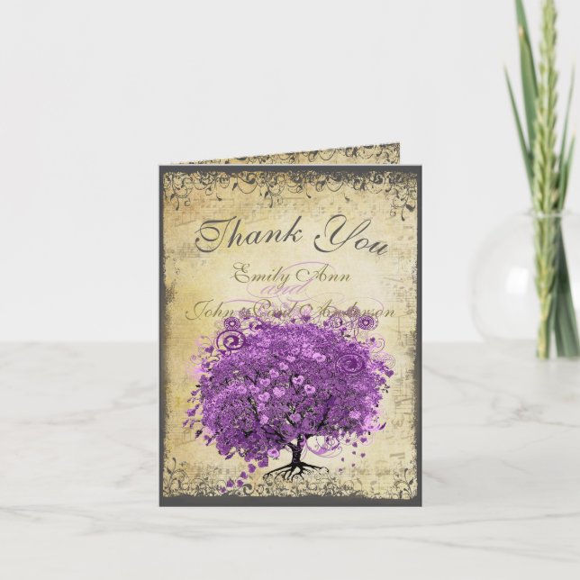 Radiant Purple Heart Leaf Tree Wedding Thank You Card (Front)