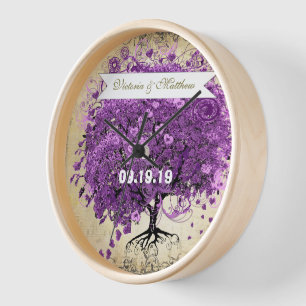 Radiant Purple Heart Leaf Tree Wedding Wall Clock