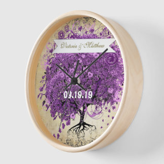 Radiant Purple Heart Leaf Tree Wedding Wall Clock