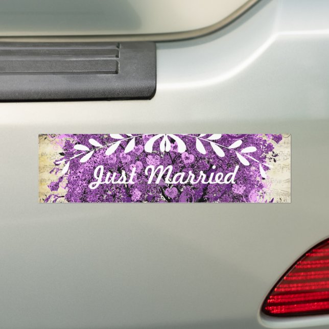 Radiant Purple Romantic Heart Leaf Wedding Bumper Sticker (On Car)