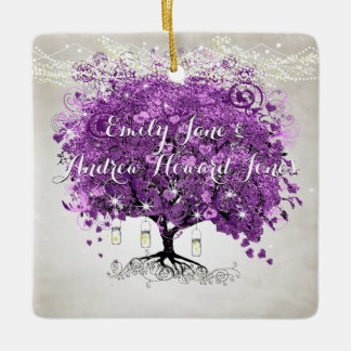 Radiant Purple Romantic Heart Leaf Wedding Ceramic Ornament