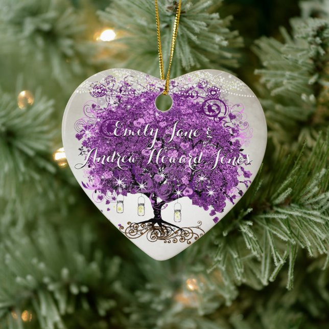 Radiant Purple Romantic Heart Leaf Wedding Ceramic Ornament (Tree)