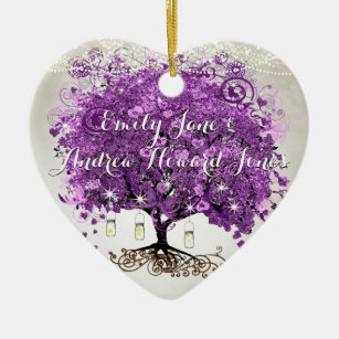 Radiant Purple Romantic Heart Leaf Wedding Ceramic Ornament