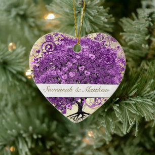 Radiant Purple Romantic Heart Leaf Wedding Ceramic Ornament