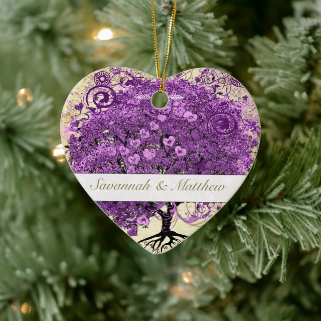 Radiant Purple Romantic Heart Leaf Wedding Ceramic Ornament (Tree)