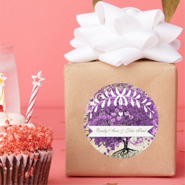 Radiant Purple Romantic Heart Leaf Wedding Classic Round Sticker (Party)