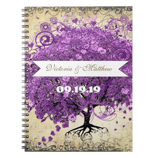 Radiant Purple Romantic Heart Leaf Wedding Notebook (Front)