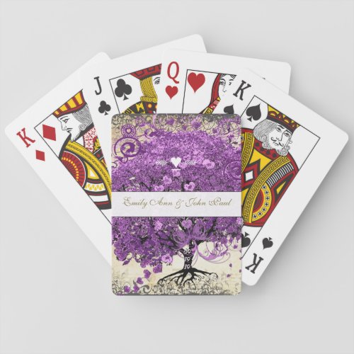 Radiant Purple Romantic Heart Leaf Wedding Playing Cards