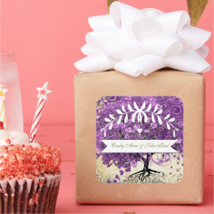 Radiant Purple Romantic Heart Leaf Wedding Square Sticker