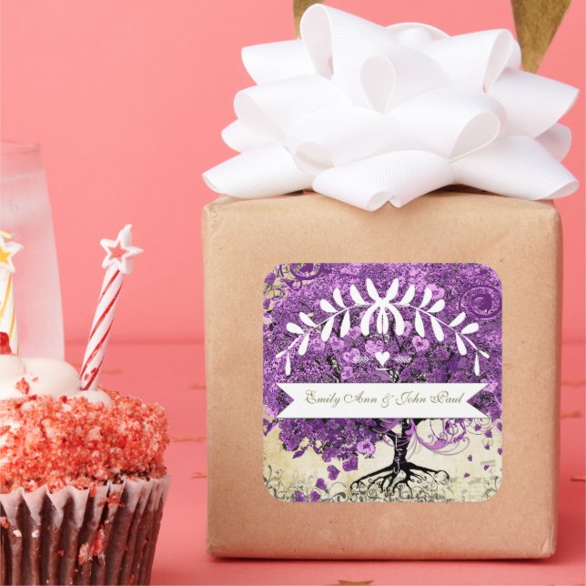 Radiant Purple Romantic Heart Leaf Wedding Square Sticker (Party)