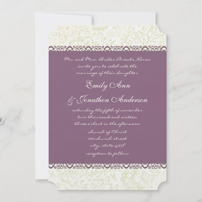 Radiant Purple Vintage Damask Wedding Invitation (Front)