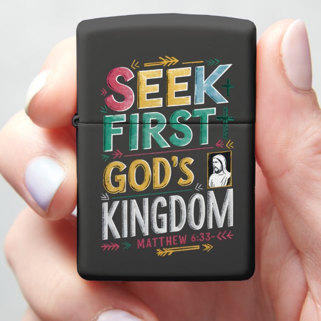 Radiant Pursuit of God: Seek First Gods Kingdom Zippo Lighter (In Hand)