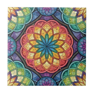 Radiant Rainbow Mandala Mosaic – Stained Glass Ceramic Tile