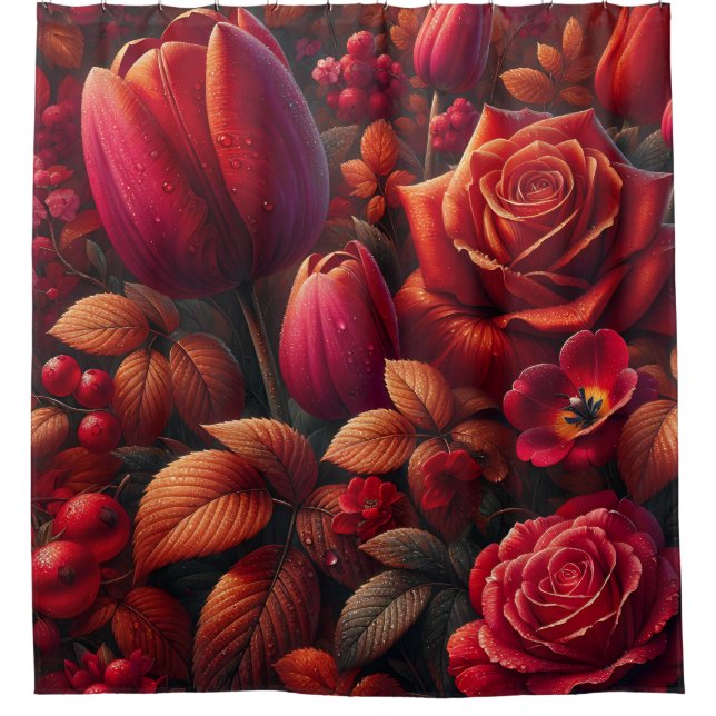 “Radiant Raindrop Fall Floral Art” Shower Curtain (Front)