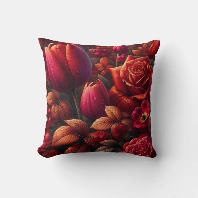 “Radiant Raindrop Fall Floral Art” Throw Pillow (Front)