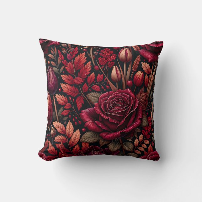 “Radiant Raindrop Fall Foliage Floral Art” Throw Pillow (Front)