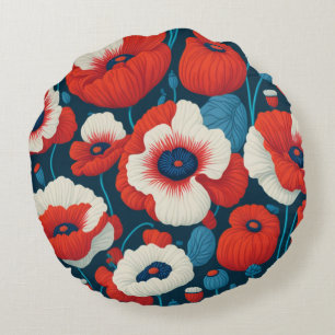 Radiant Red Flowers & Poppies Round Pillow