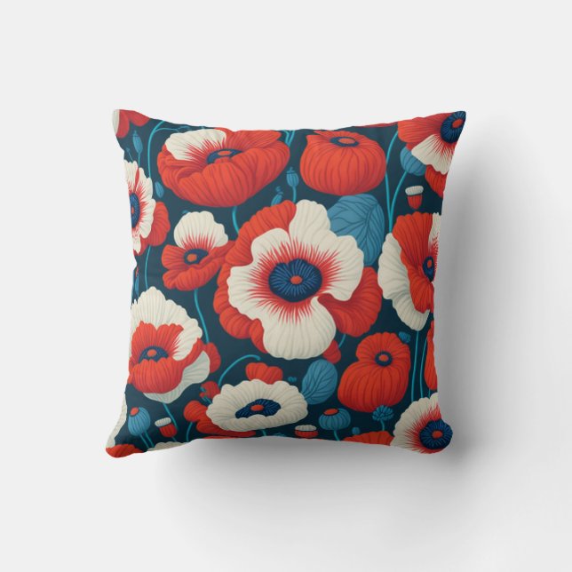 Radiant Red Flowers & Poppies Throw Pillow (Back)