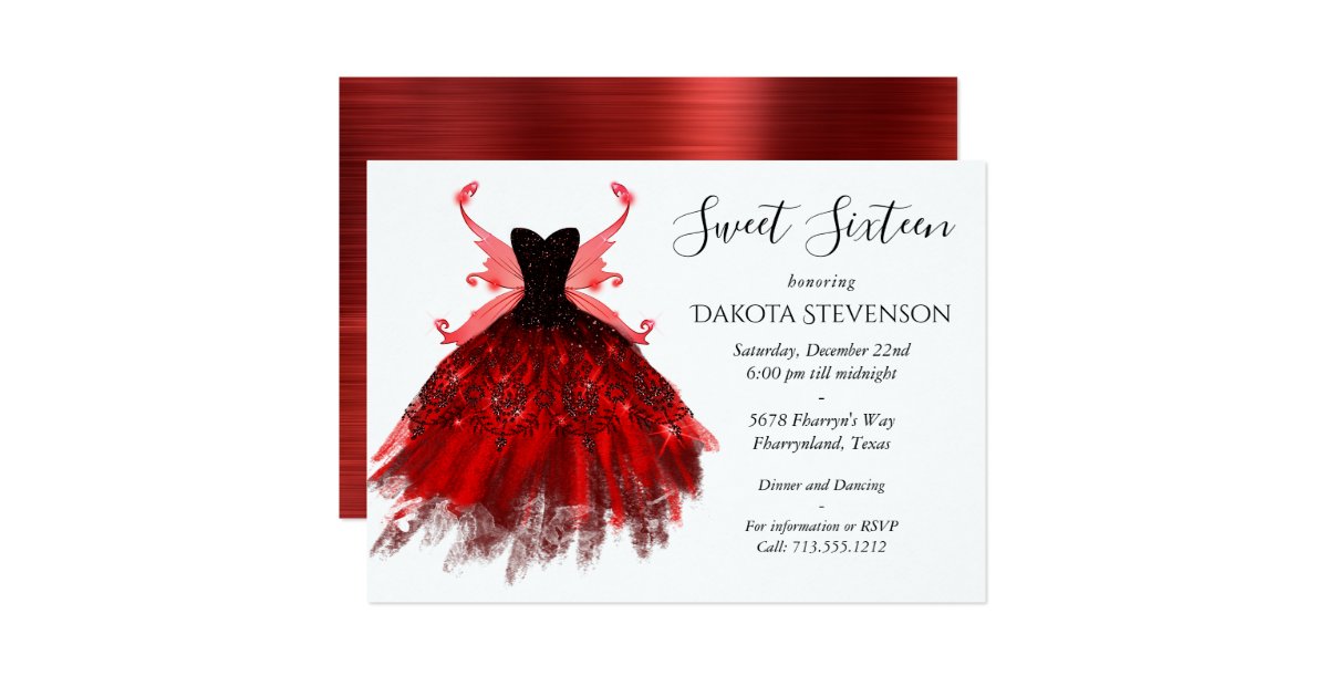 Radiant Red Luxury Gown Fairy Wings Sweet 16 Party Invitation