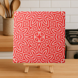 Radiant Red & Peach Kaleidoscopic Mandala Pattern Ceramic Tile