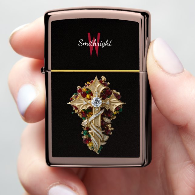 Radiant Relic: Gold Cross Brooch With Colorful Zippo Lighter (In Hand)